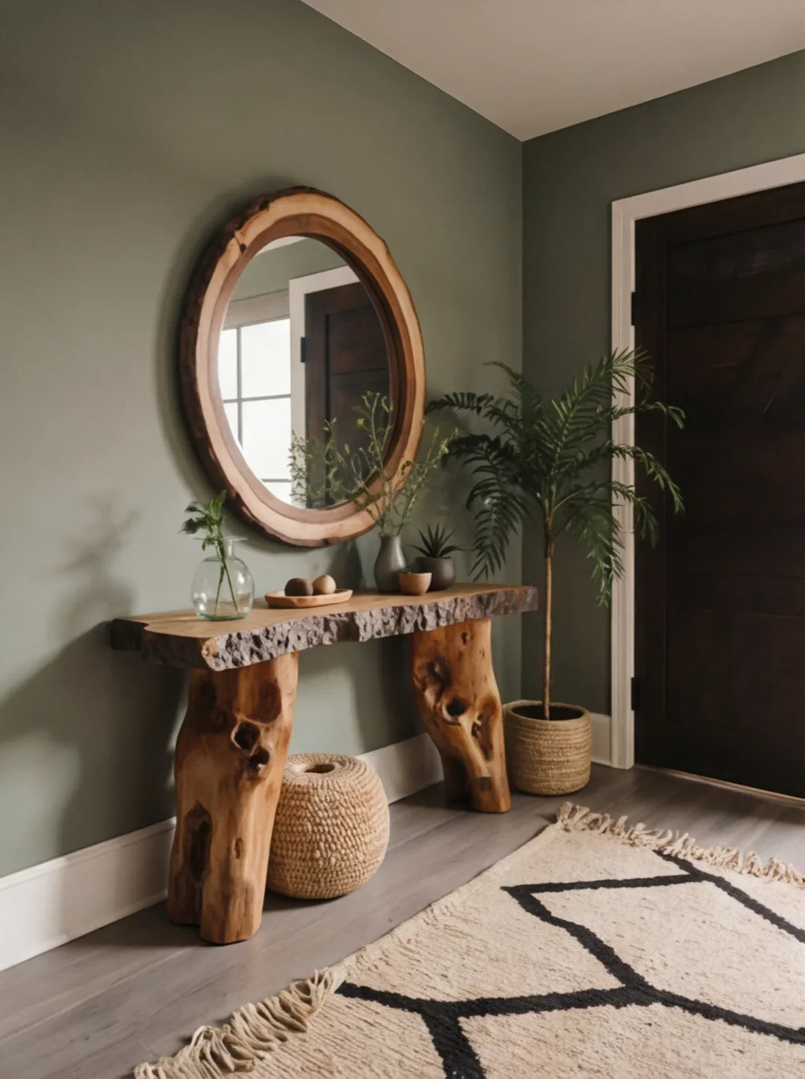 Live edge solid wood entryway console table with round wood mirror, potted plants, and woven decor in a modern hallway.