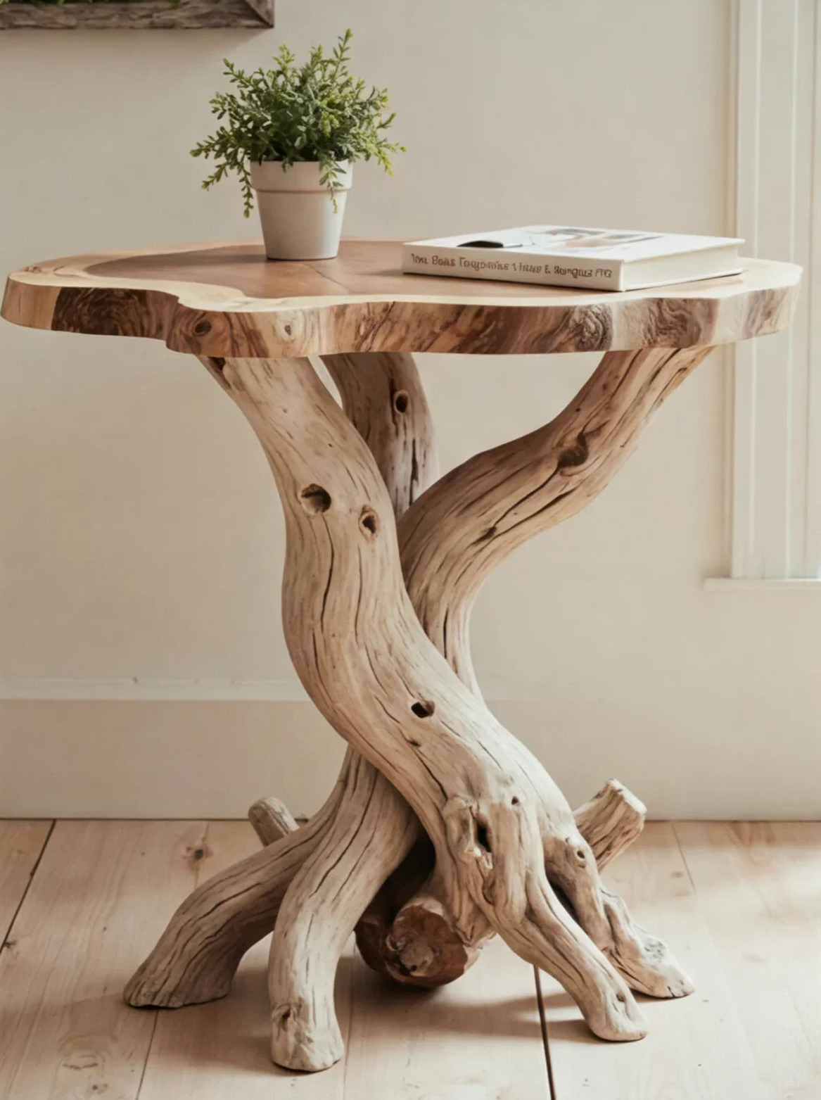 Live edge solid wood side table with twisted natural branch base, topped with a plant and book