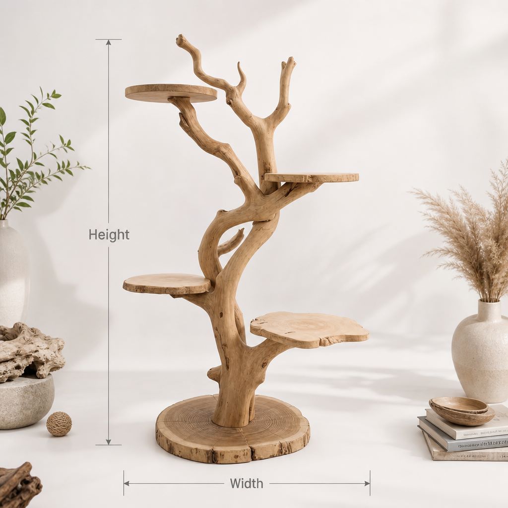 Driftwood cat tree showcasing irregular raw-edge wooden platforms and a split base.