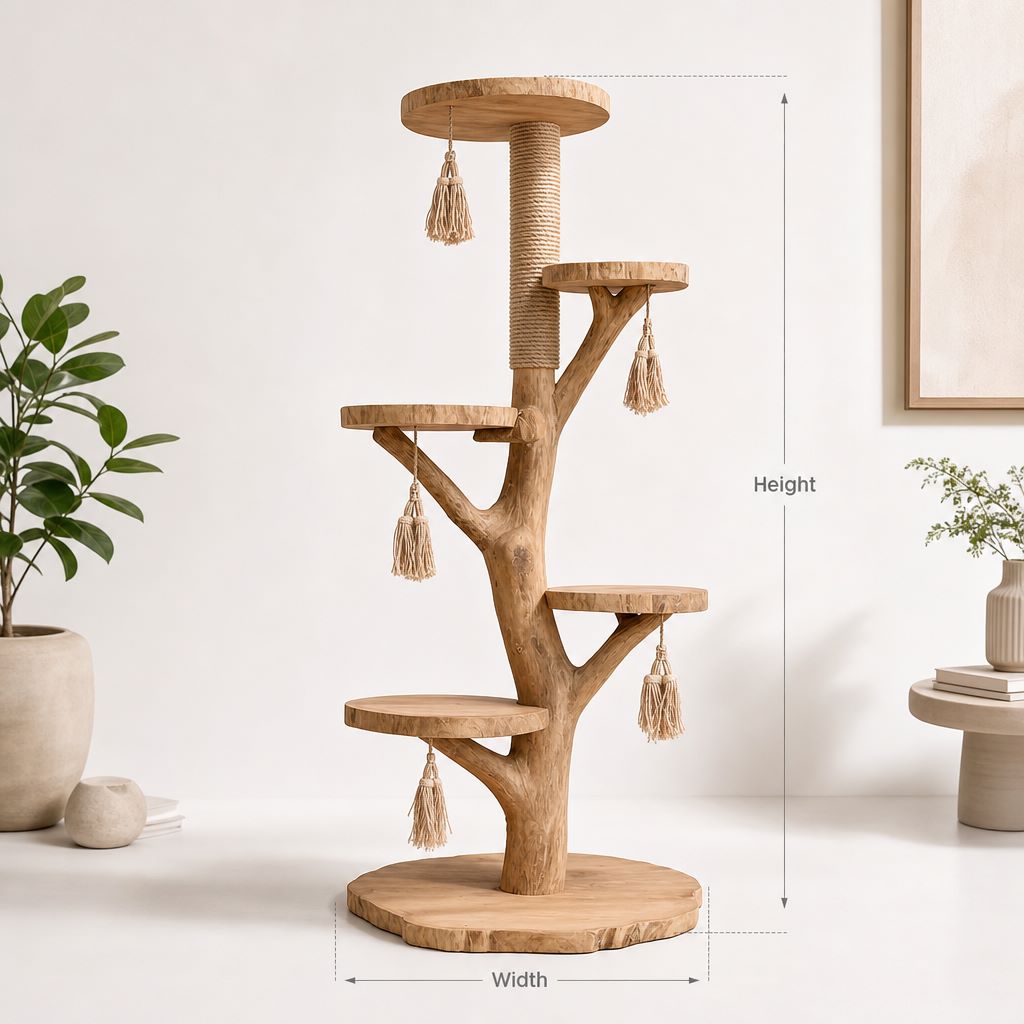 Rustic cat tree design with multi-tier round wooden platforms and natural branches