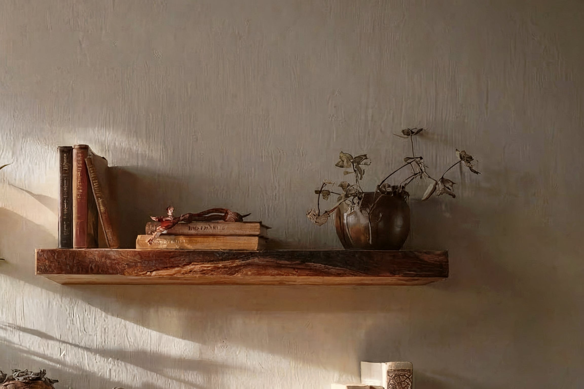 Rustic Floating Corner Wall Shelf – Live Edge Wooden Shelf for Home & Aquarium Decor