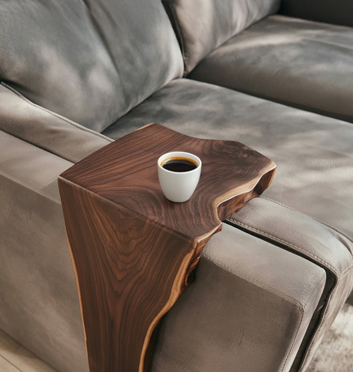 Handmade Solid Wood Sofa Arm Table – Farmhouse Couch Storage, Reclaimed Wood Armrest Shelf