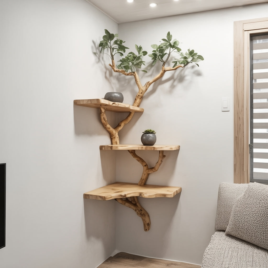 Corner Tree Shelf – Rustic Wooden Branch Floating Corner Shelves
