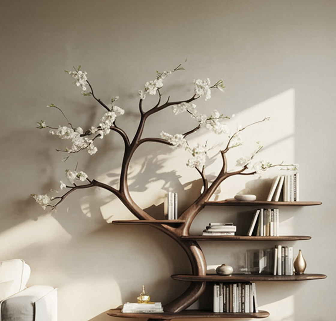 Floral Tree Branch Bookshelf – Artistic Solid Wood Display Shelf for Living Room