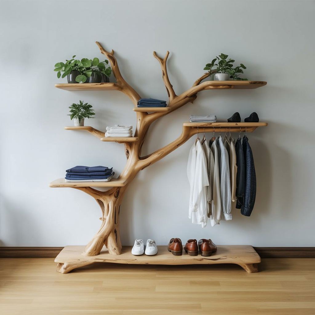Handmade Tree Coat Rack with Shoe Storage – Decorative Stand