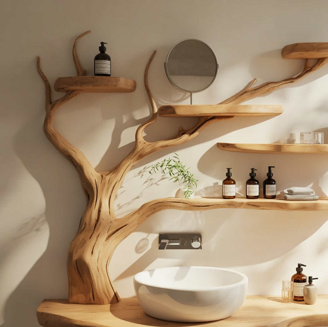 Live Edge Wood Bathroom Vanity with Tree Branch Shelves – Handmade Natural Sink Console