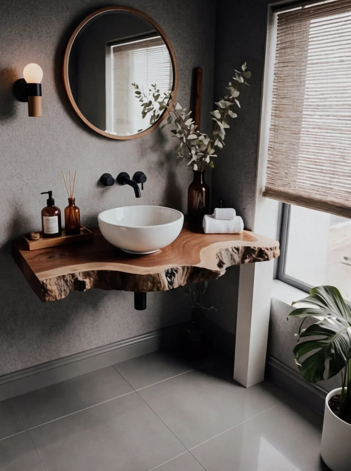 Modern bathroom with live edge wood vanity, round mirror, and vessel sink