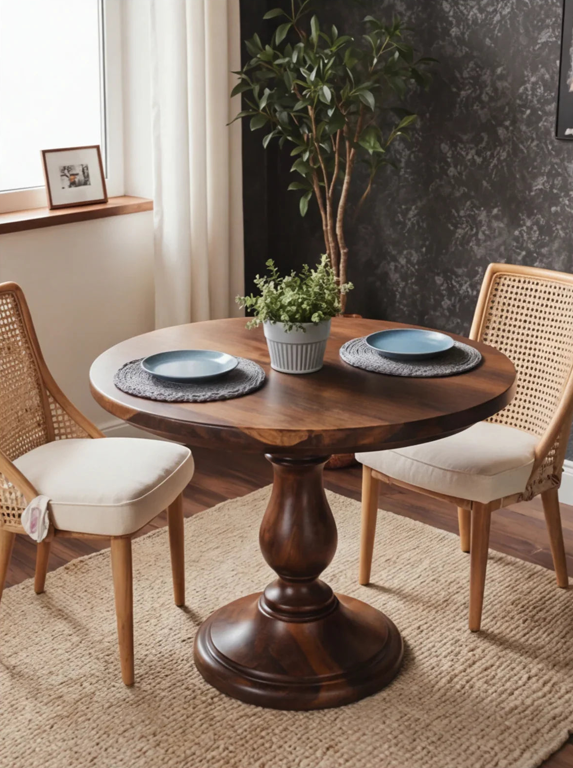 Round solid wood pedestal dining table with two chairs, minimalist decor, potted plant centerpiece