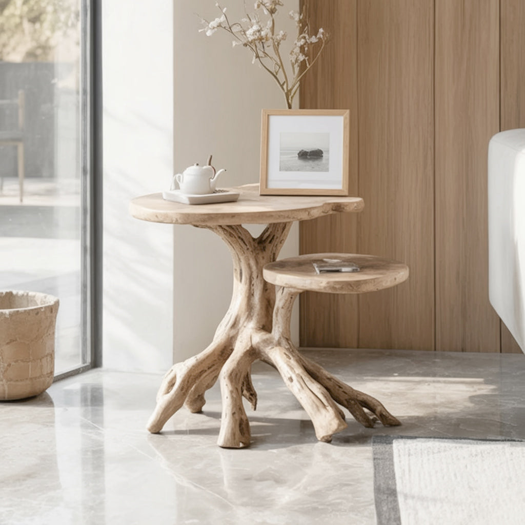 Handcrafted Natural Wood Dual-Tier End Table – Sculpted Branch Base