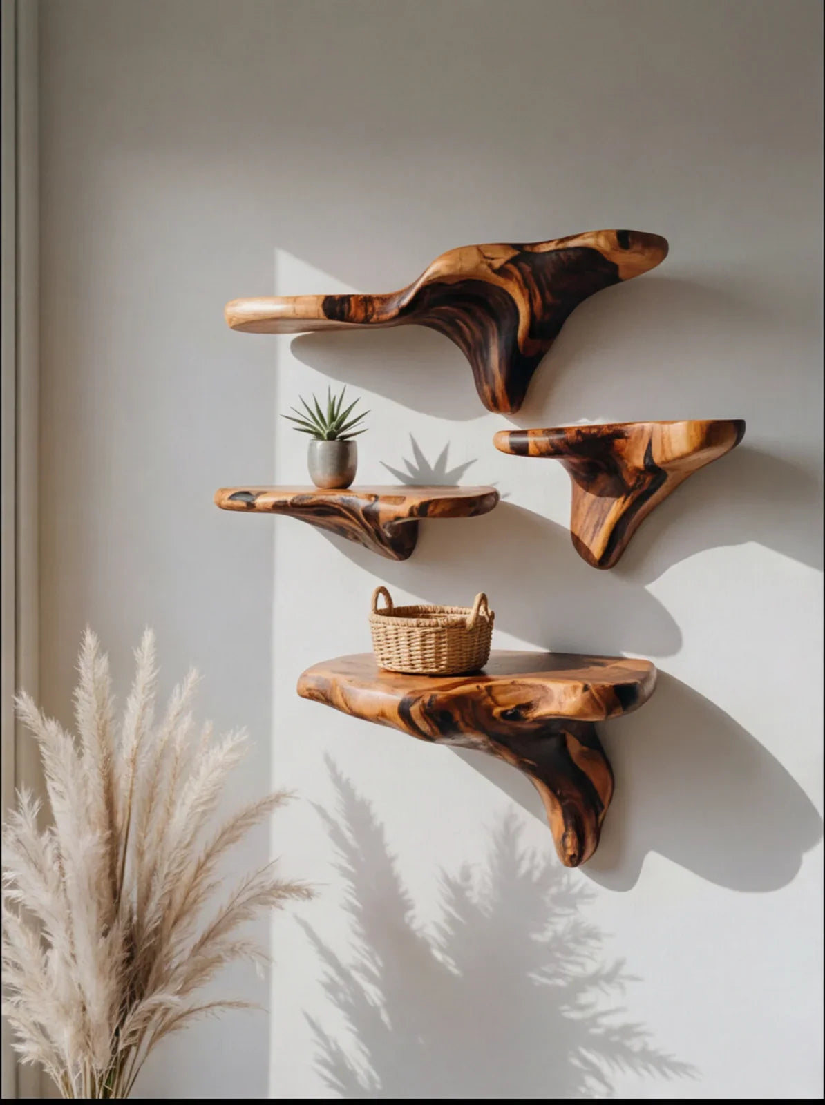Live edge solid wood floating shelves on white wall with plant and wicker basket decor