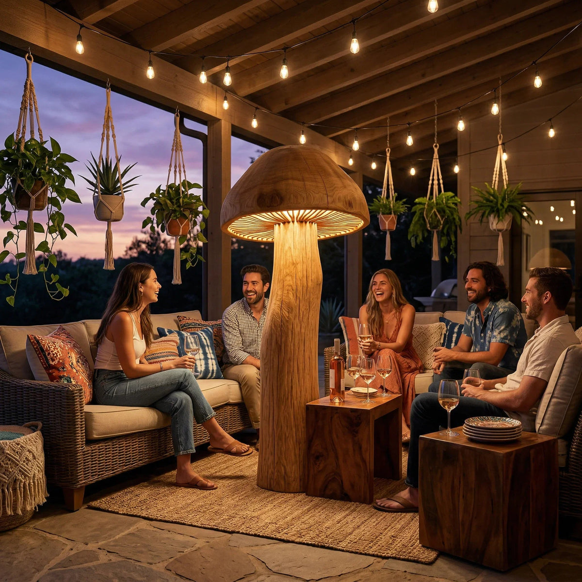 Bohemian outdoor covered patio with rattan furniture, wood tables, hanging plants, friends gathering, and string lights at sunset.