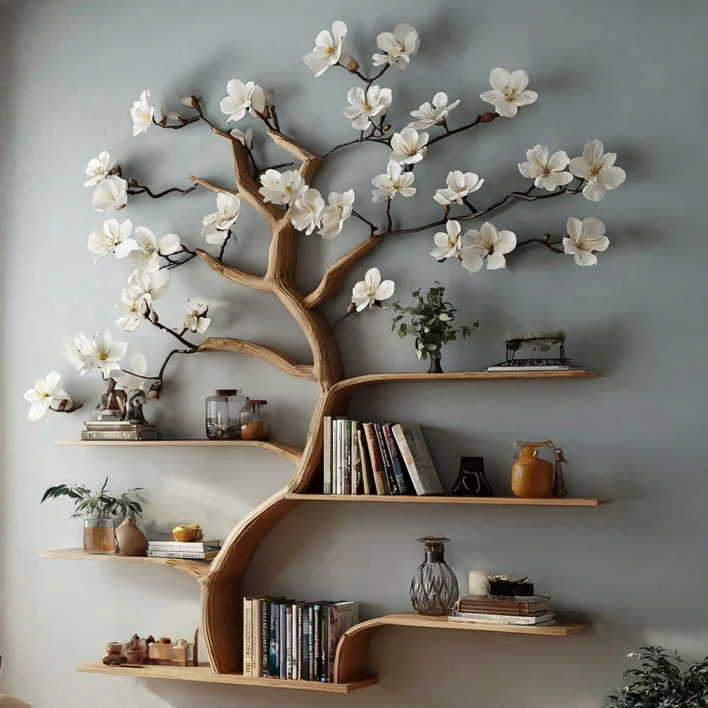 Rustic Tree Bookshelf – Wall-Mounted Wooden Bookcase & Custom Home Décor