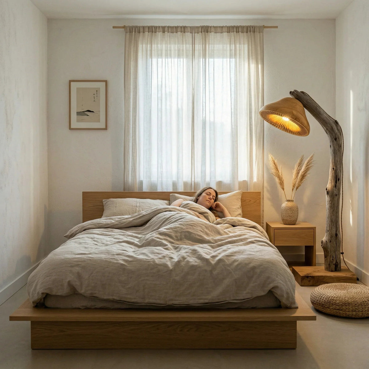 Modern bedroom with a woman sleeping, driftwood floor lamp, and solid wood furniture.