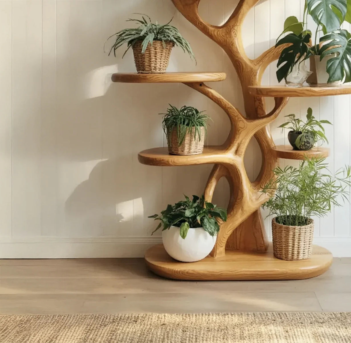 Artisan Sculptural Tree Plant Stand | Hand-Carved Solid Wood Indoor Display