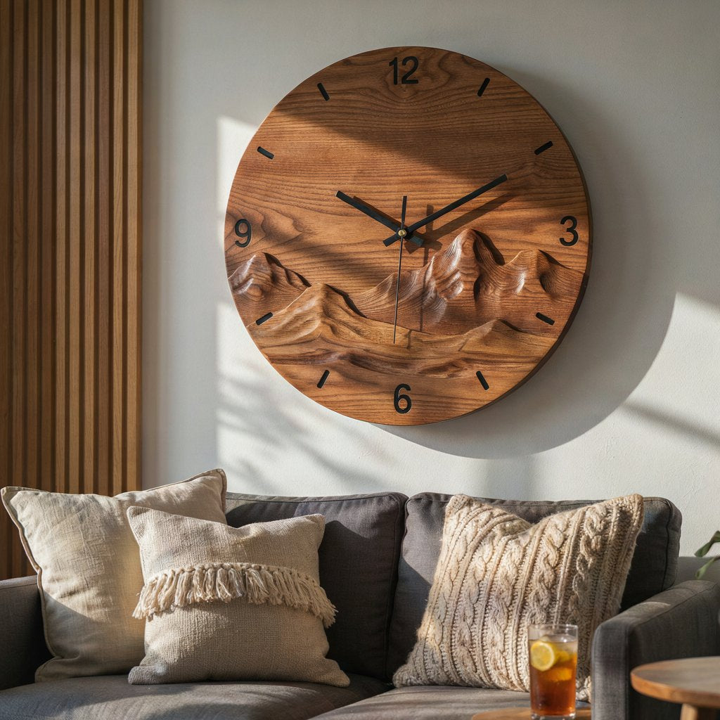 Hand-carved 3D landscape relief wall art in solid wood