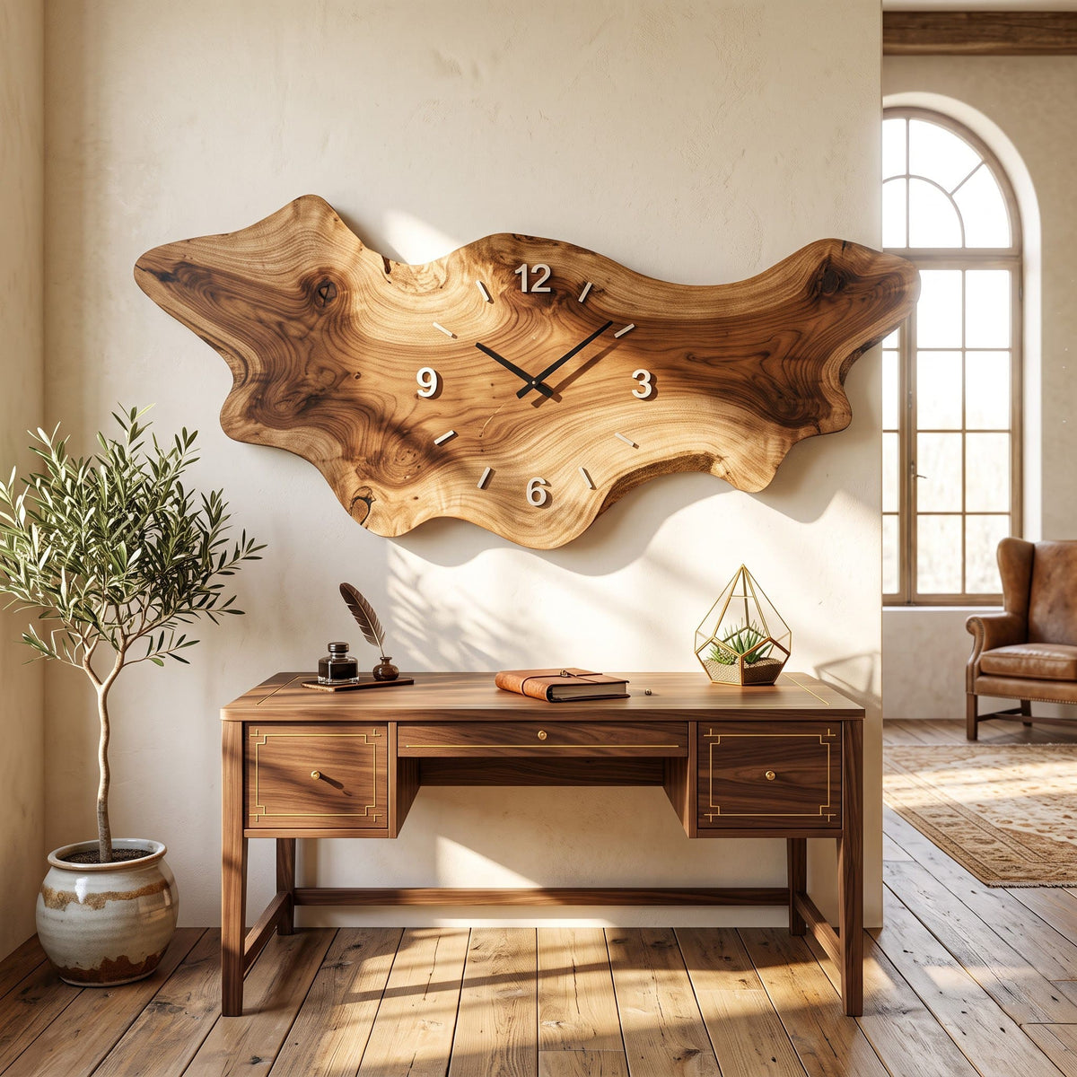 Extra-large solid wood freeform slab wall art panel styled in a modern interior