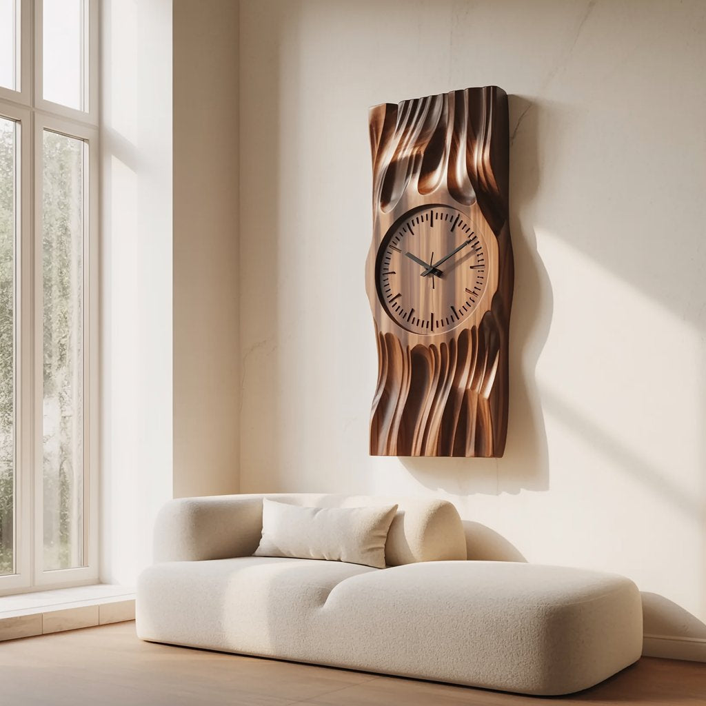 Artisanal fluted drapery wall clock panel in solid wood