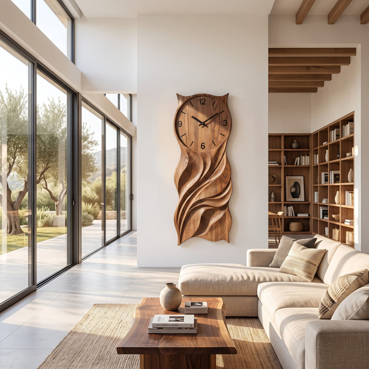 Sculptural solid wood owl wall clock displayed in a minimalist living space