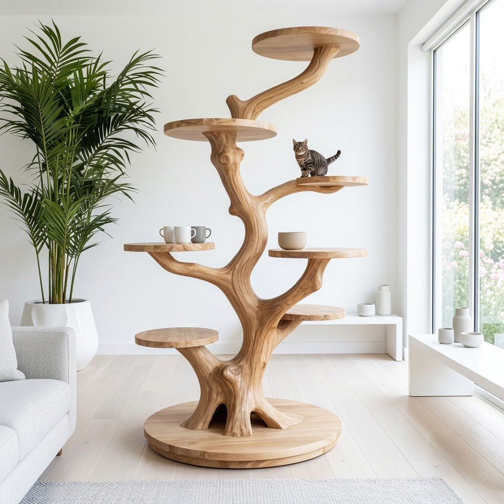 Artisan solid timber cat climbing tree and display shelf elevating a biophilic living room