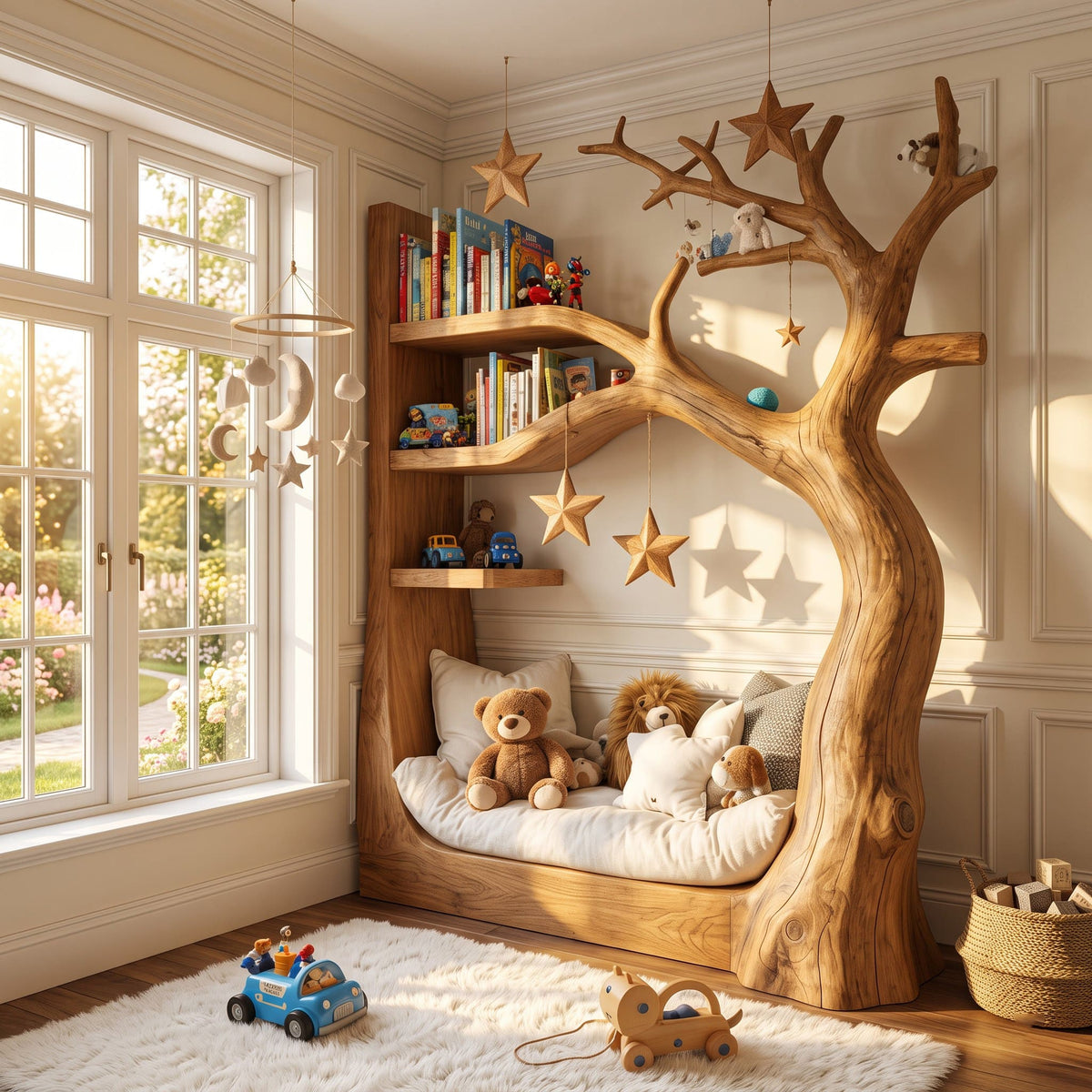 Contemporary solid wood daybed reading nook placed beside a window in a bright playroom