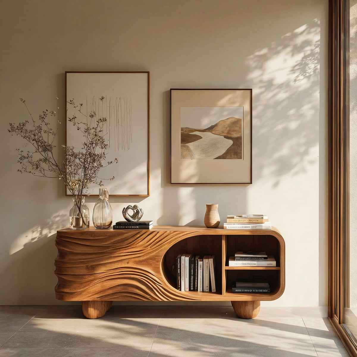 Solid wood sideboard featuring hand-carved details and integrated open display shelves