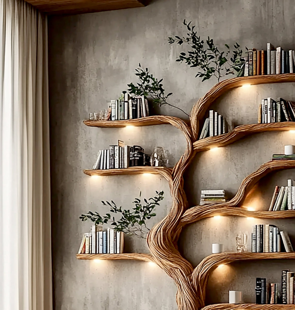 Tree bookshelf wall installation with warm lights