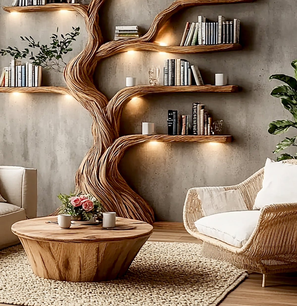 Wooden tree bookshelf glowing above a living room coffee table