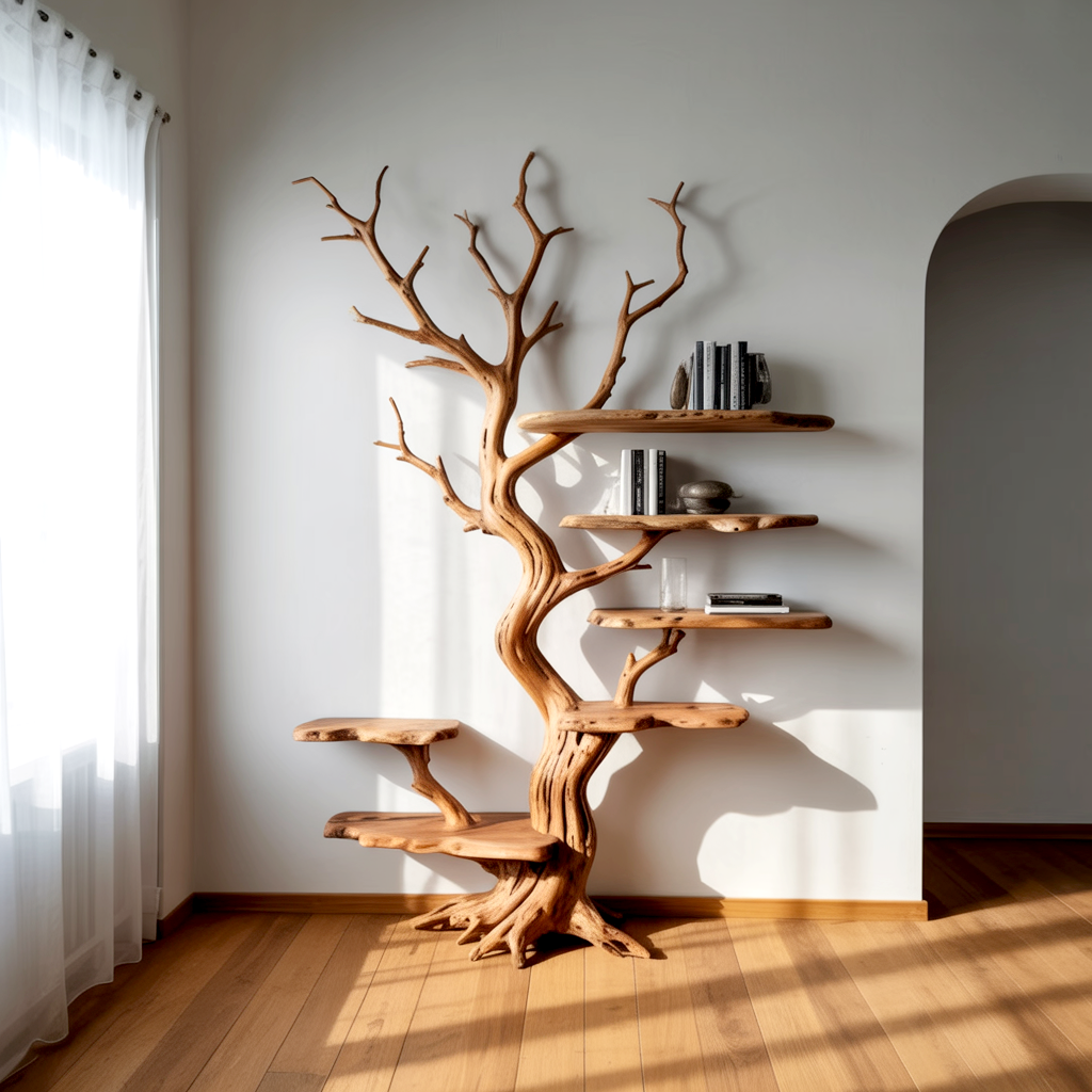 Artistic tree branch floating bookshelf made from solid wood