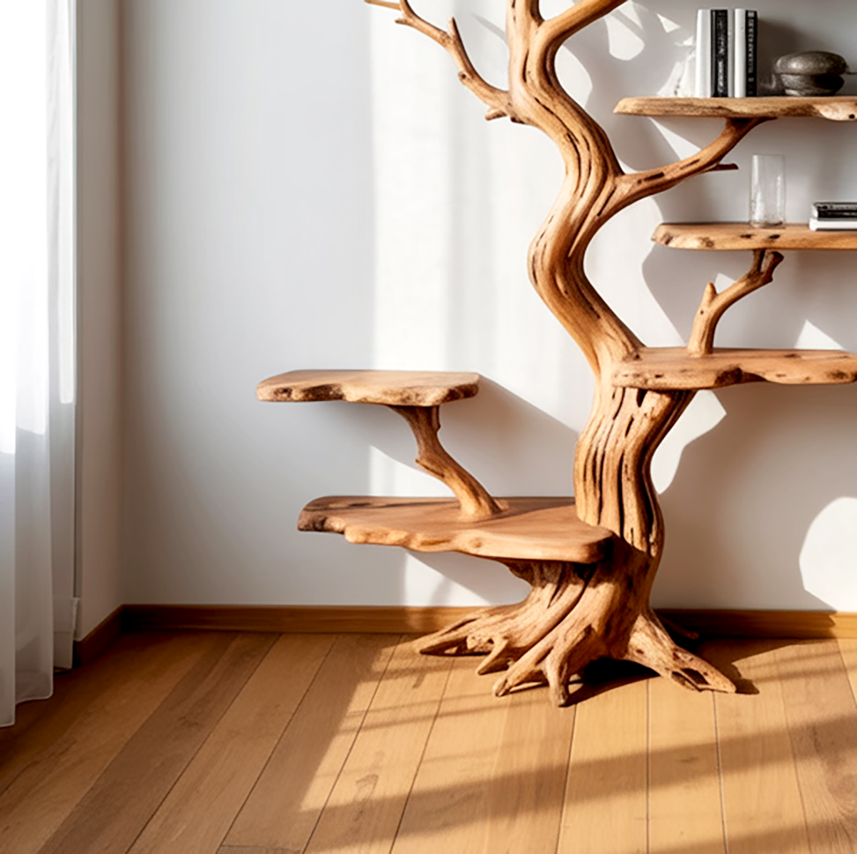 Handcrafted wooden wall tree bookshelf with branch inspired design