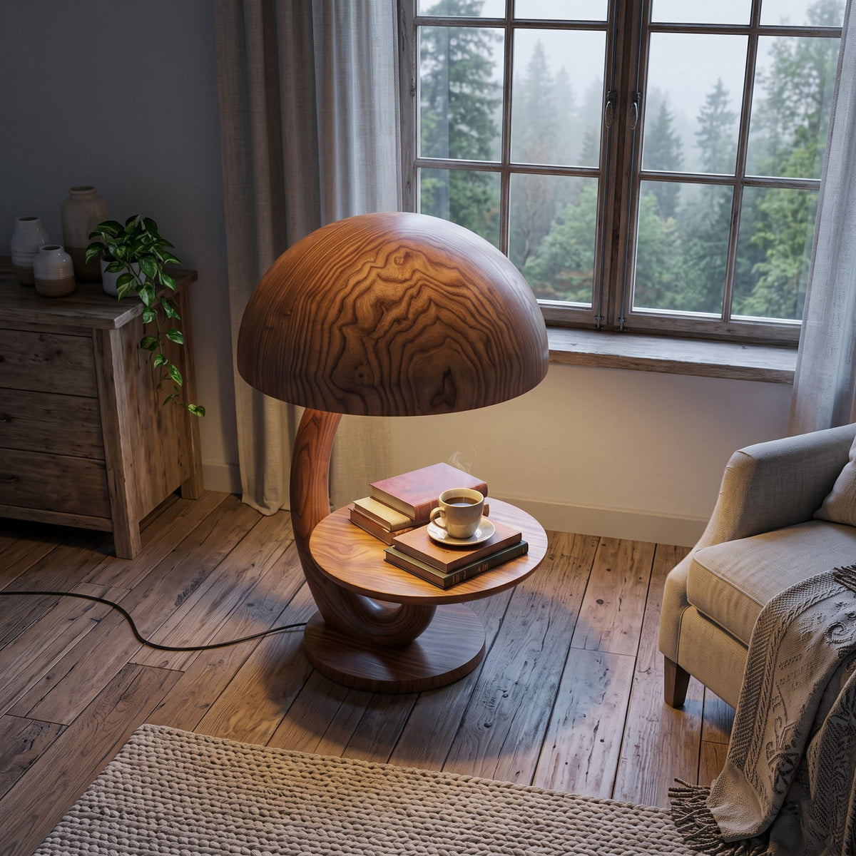 Sculptural solid wood accent light table styled beside a modern sofa