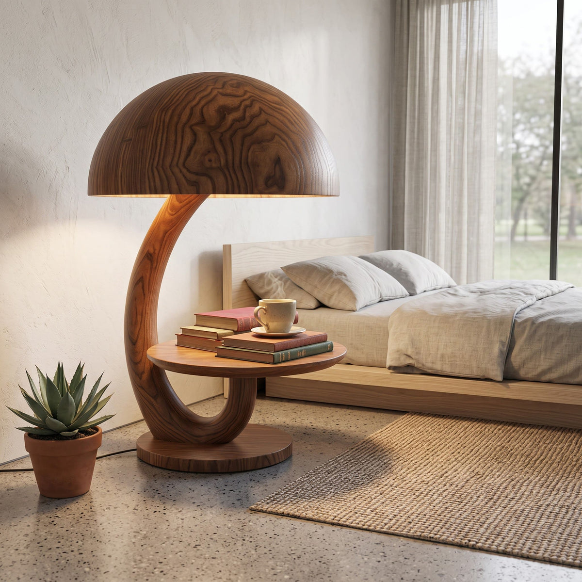 Organic solid wood mushroom side table with integrated lighting in a cozy bedroom