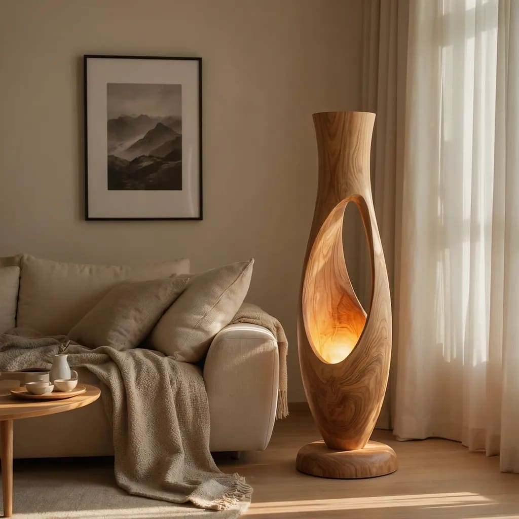 Authentic hand-carved sculptural floor lamp in solid wood