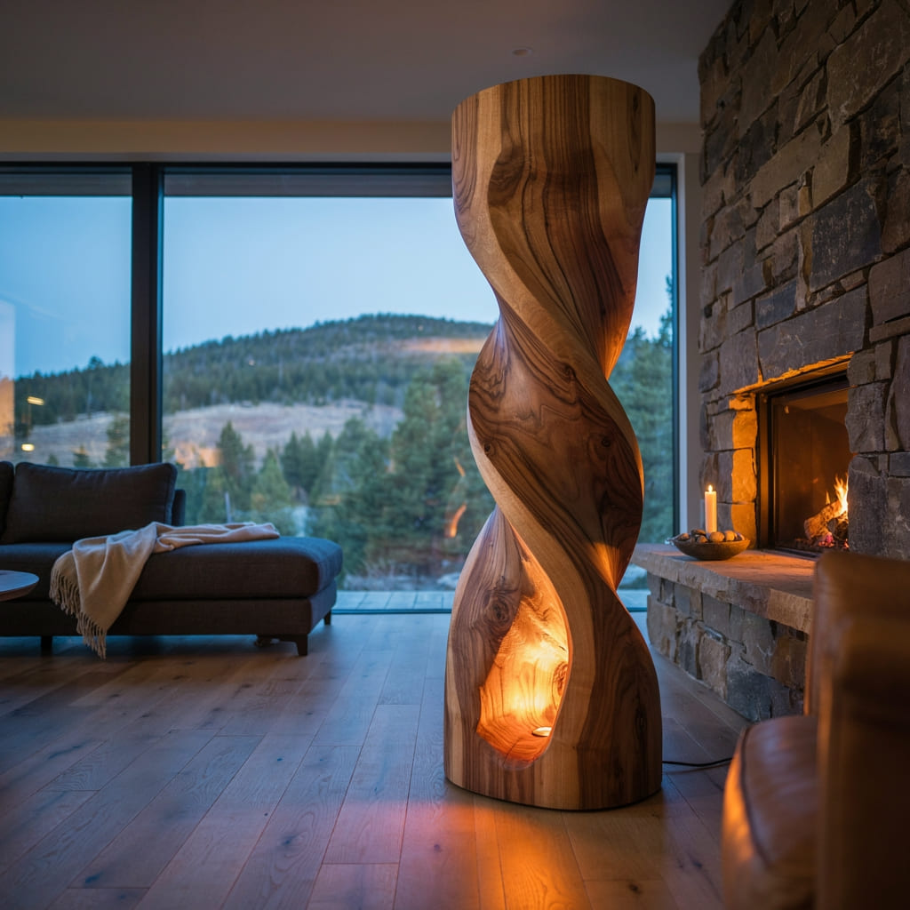 Authentic Hand-Carved Solid Wood Spiral Floor Lamp - Sculptural Ambient Light Pillar