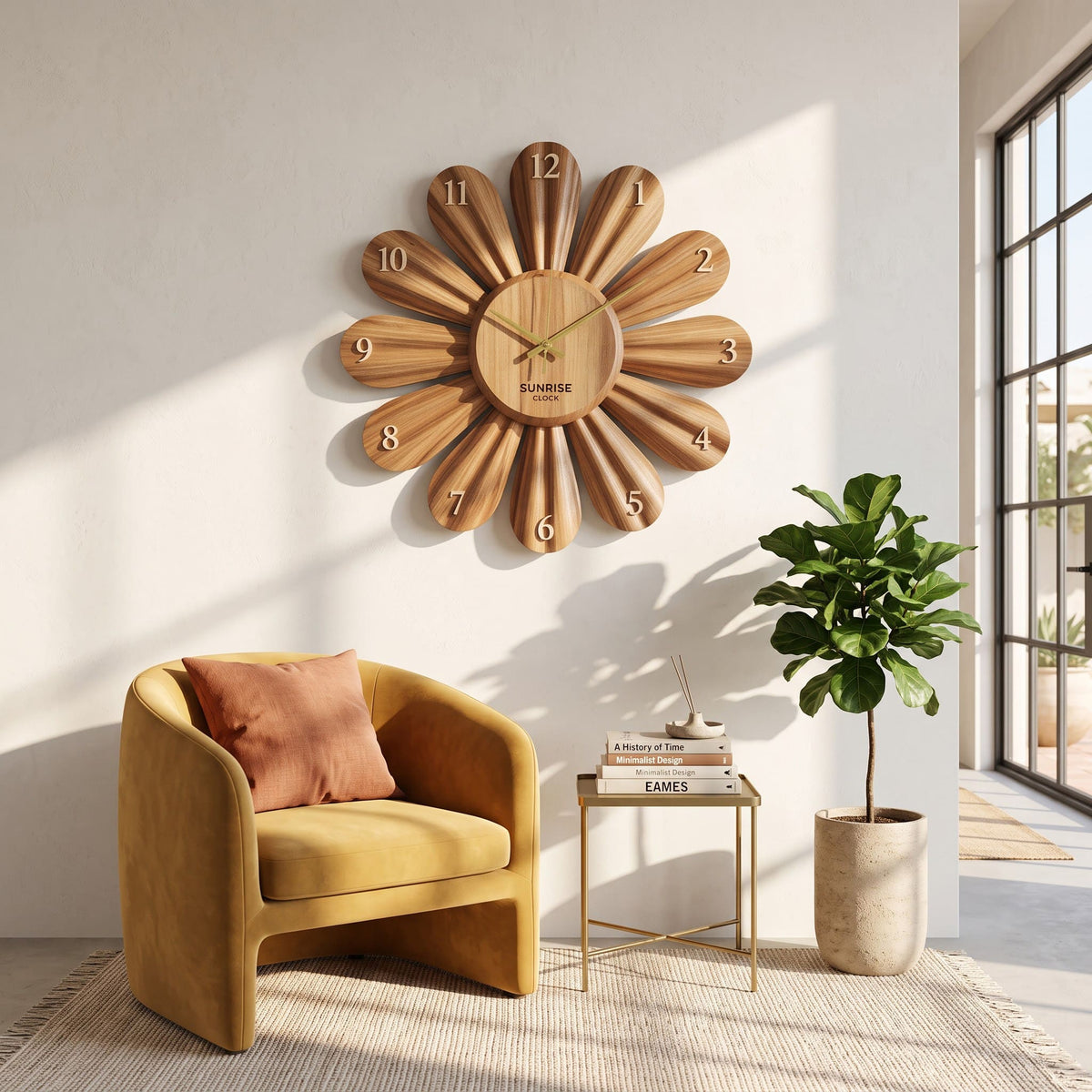 Artistic solid wood floral wall clock enhancing a contemporary home interior