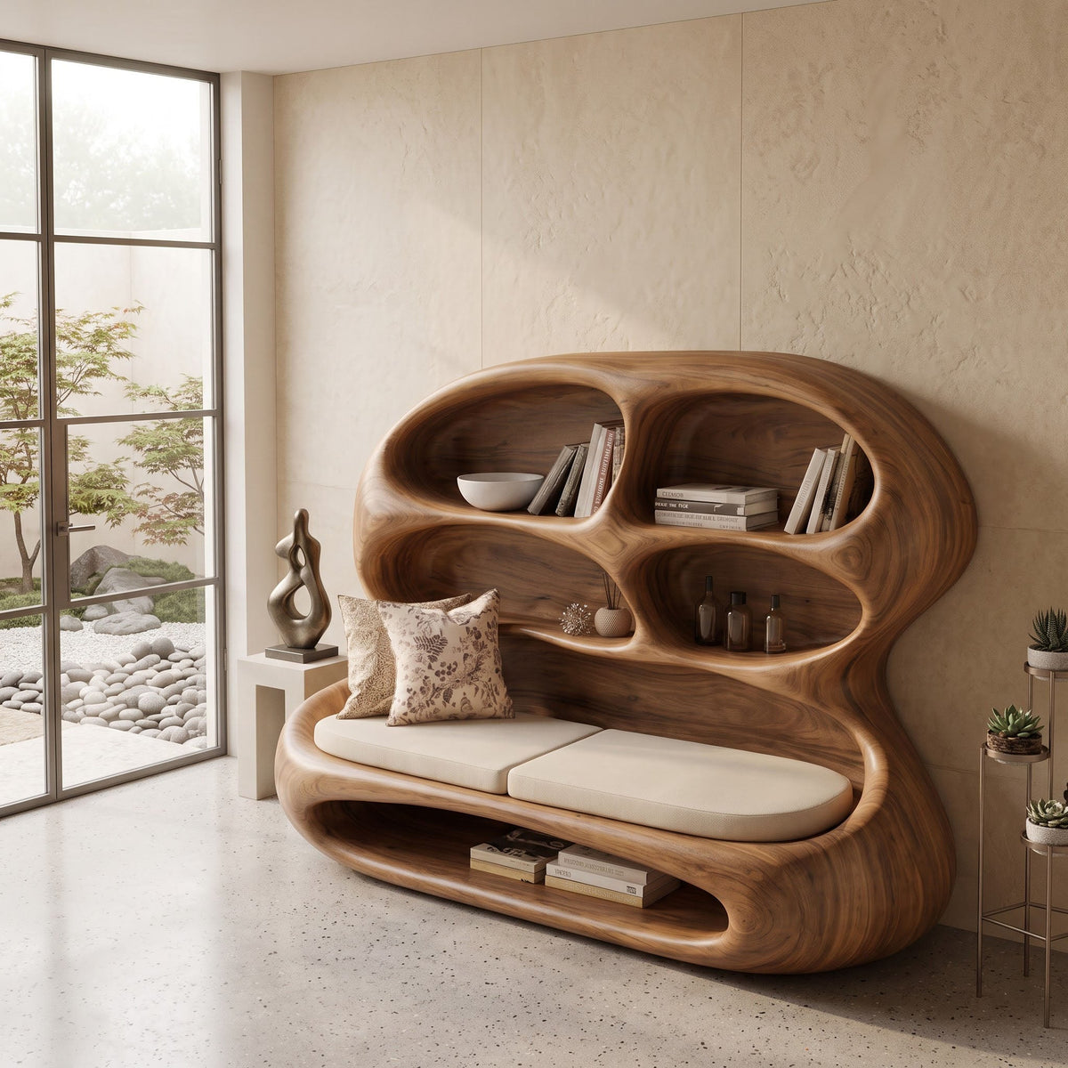 Artisanal natural timber sculptural lounge bench with book display styled in an entryway