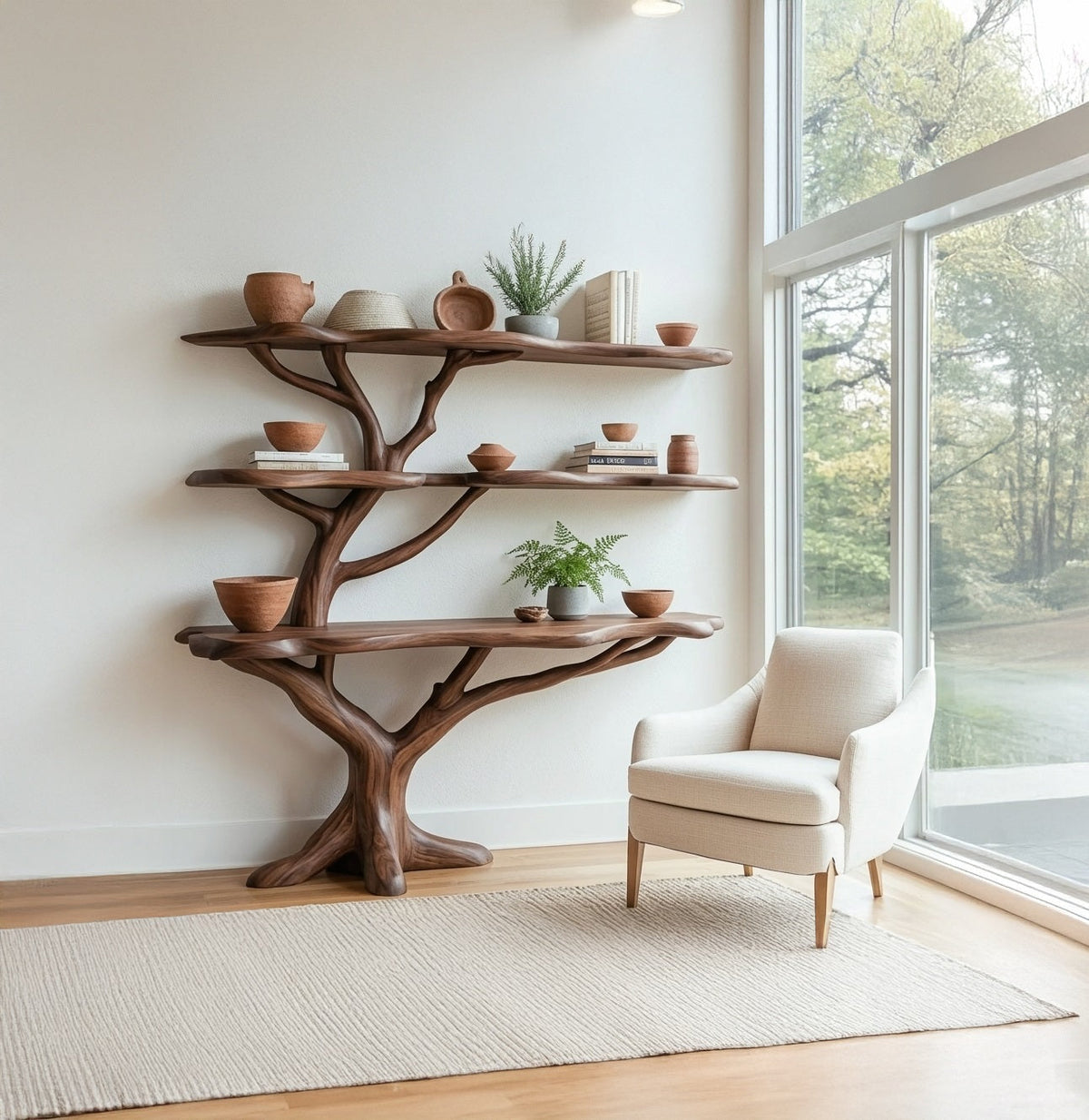 Large live edge solid wood bookshelf handcrafted for display