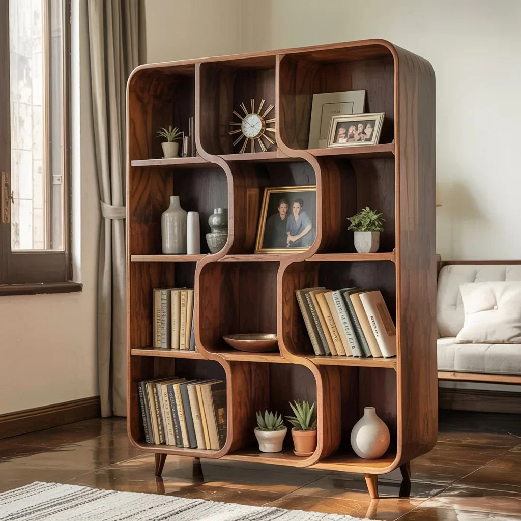 Mid-Century Curved Solid Wood Bookshelf – Organic Modern Display Shelf
