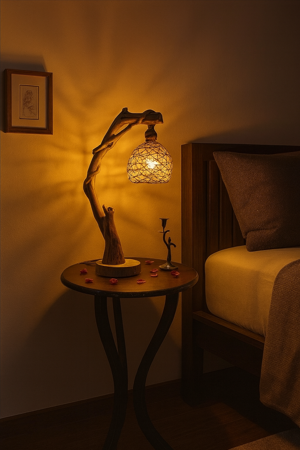 Rustic Driftwood Standing Tree Lamp – Handmade Wooden Floor Light with Rattan Lampshade