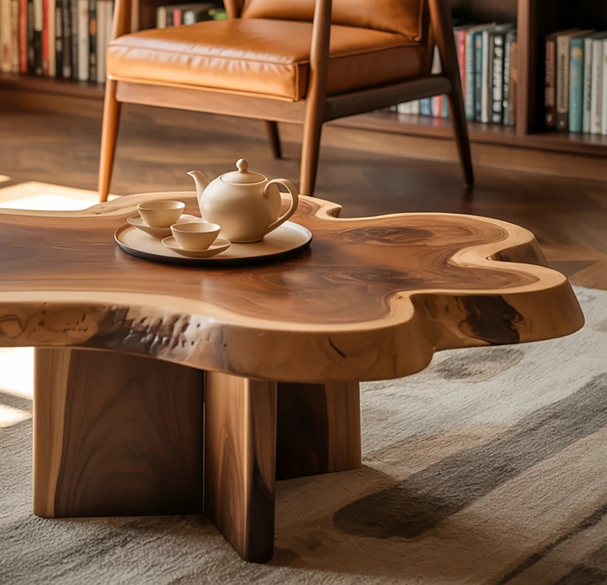 handmade reclaimed wood coffee table with natural live edge in rustic modern living room