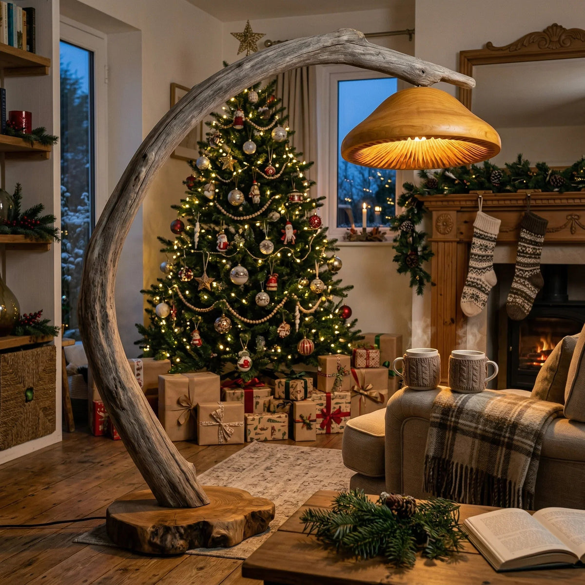 Sculptural driftwood mushroom floor lamp with live edge wood base in cozy holiday living room