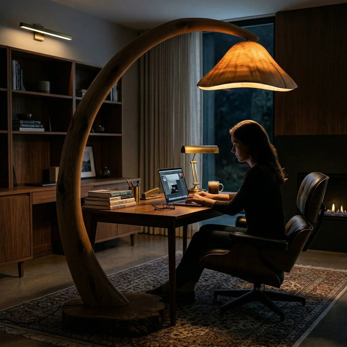 Mushroom floor lamp with translucent wood cap, sculpted wood stem, and tree stump base in cozy home office setting.