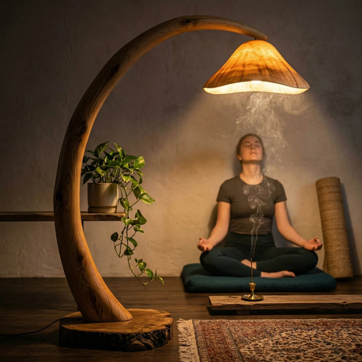 Mushroom-shaped wood floor lamp with glowing cap next to a meditating woman indoors