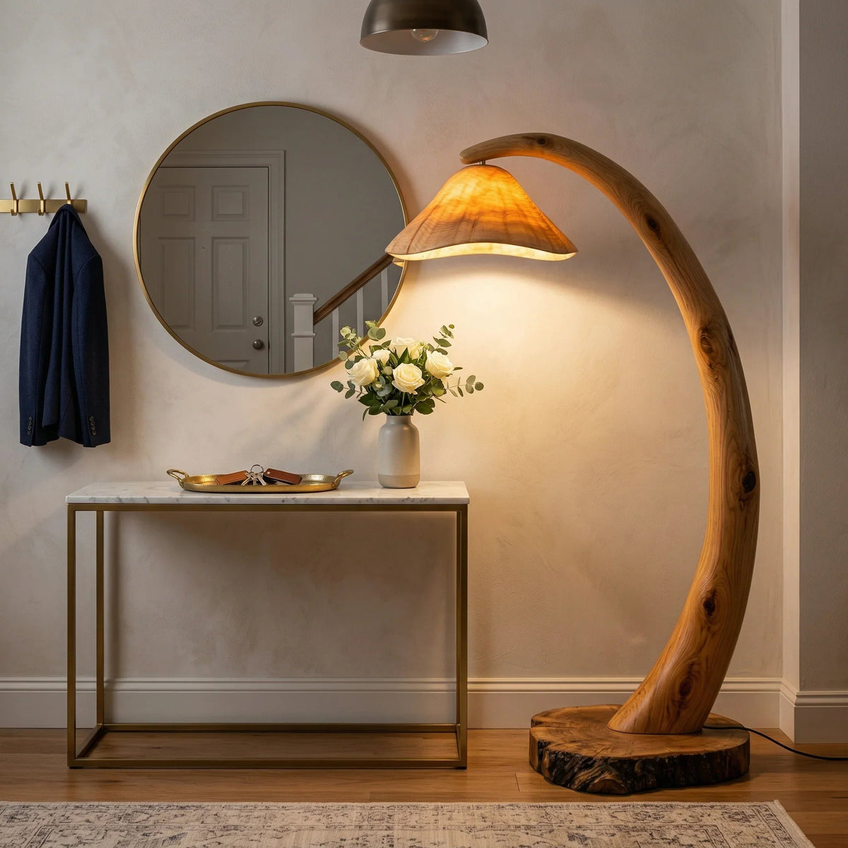 Sculpted solid wood mushroom floor lamp with glowing cap and tree stump base in modern entryway