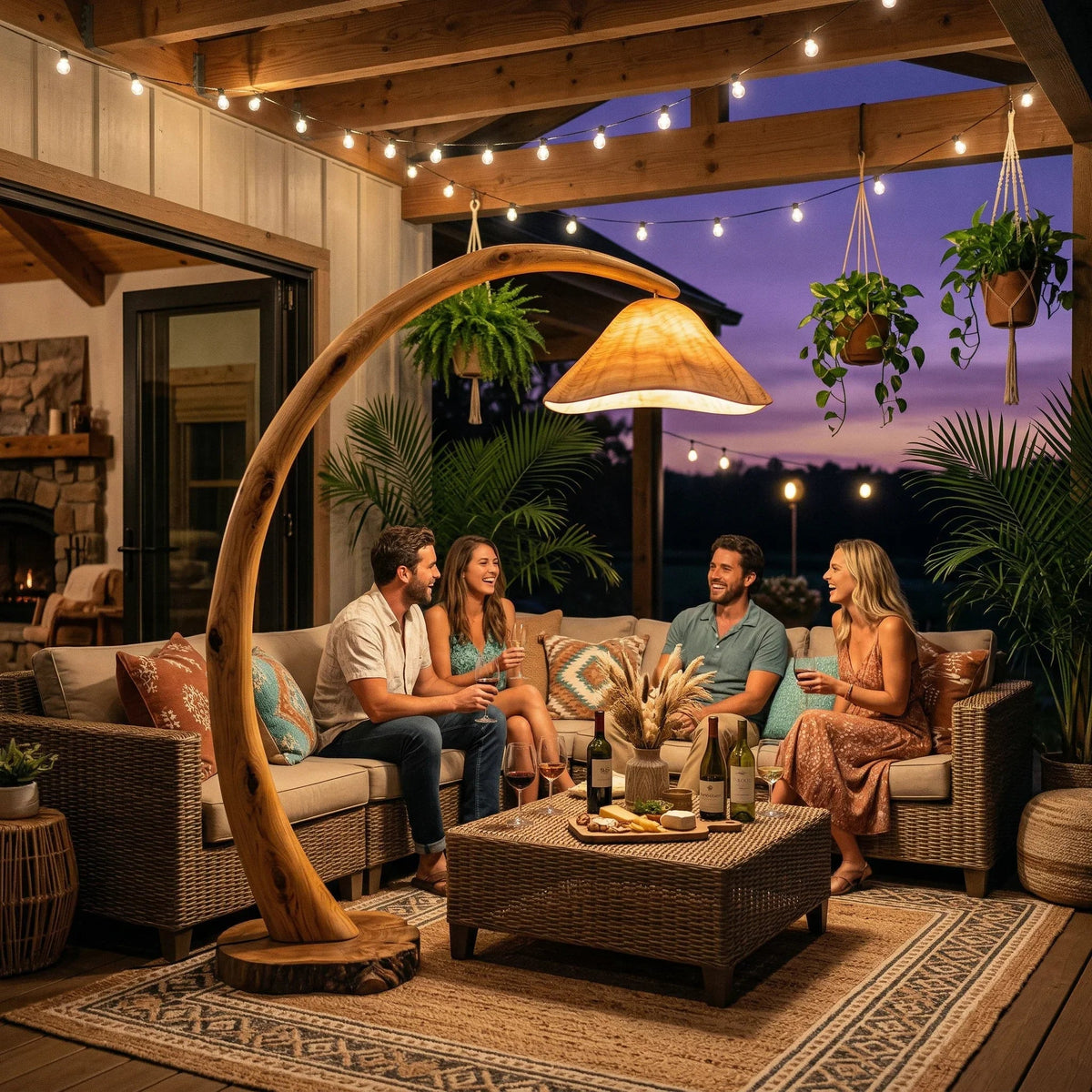 Curved solid wood mushroom floor lamp with glowing cap, outdoor patio seating and string lights