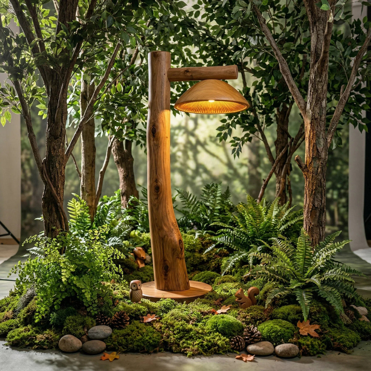 Sculpted wooden floor lamp with mushroom shade on walnut base in forest-inspired setting