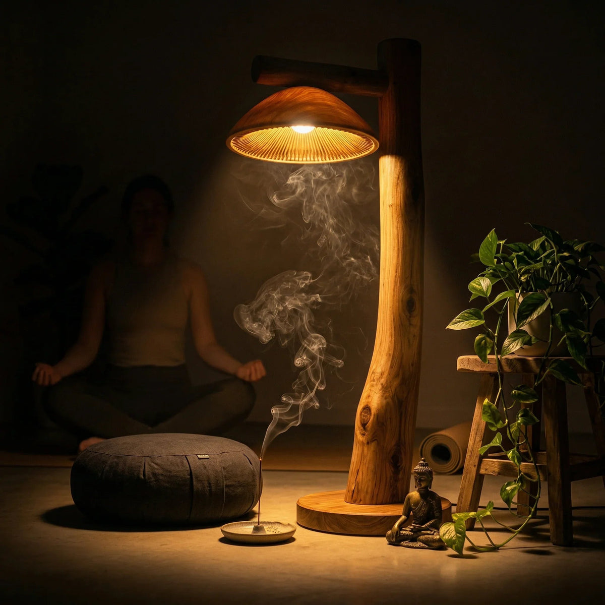 Mushroom floor lamp with sculpted wood stem and walnut base, beside incense, meditating person, and potted plant
