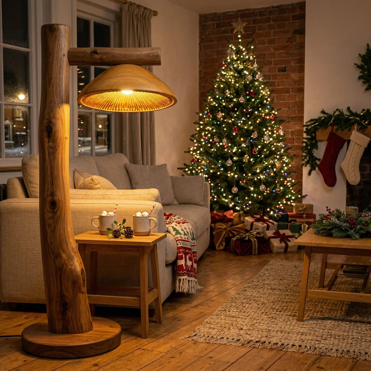 Solid wood crossbar arm mushroom floor lamp with sculpted log stem and walnut base in cozy living room
