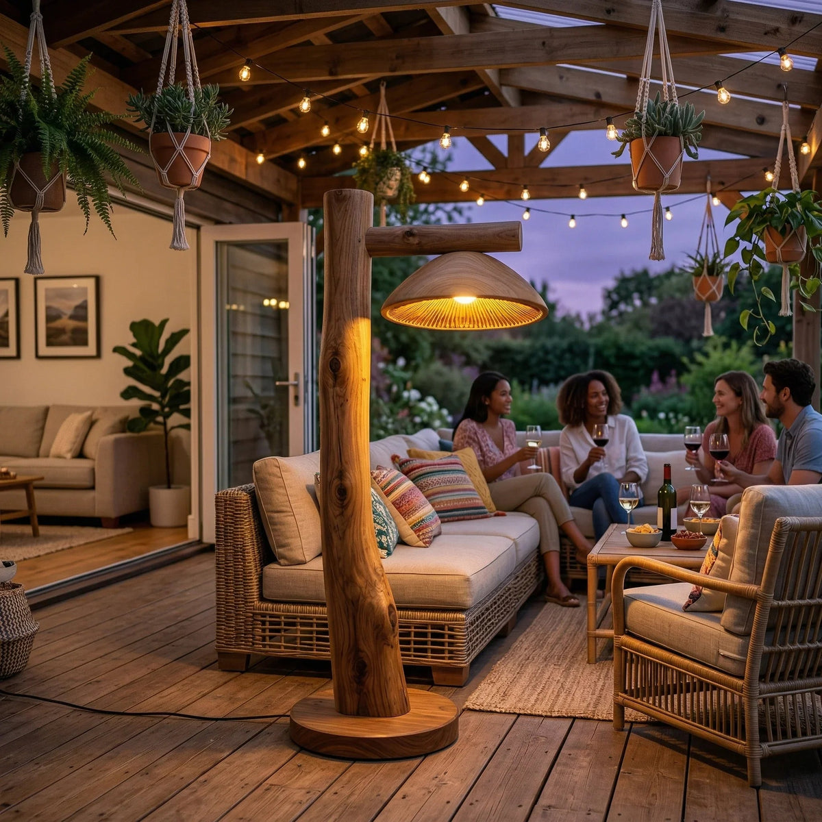 Modern mushroom floor lamp with wood log stem and walnut base on a cozy outdoor patio
