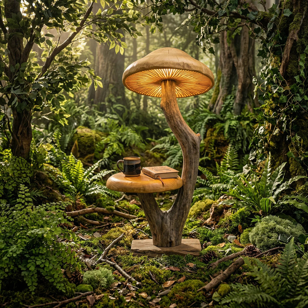 Curved driftwood mushroom floor lamp with glowing cap, wood stem, and table shelf in a forest.