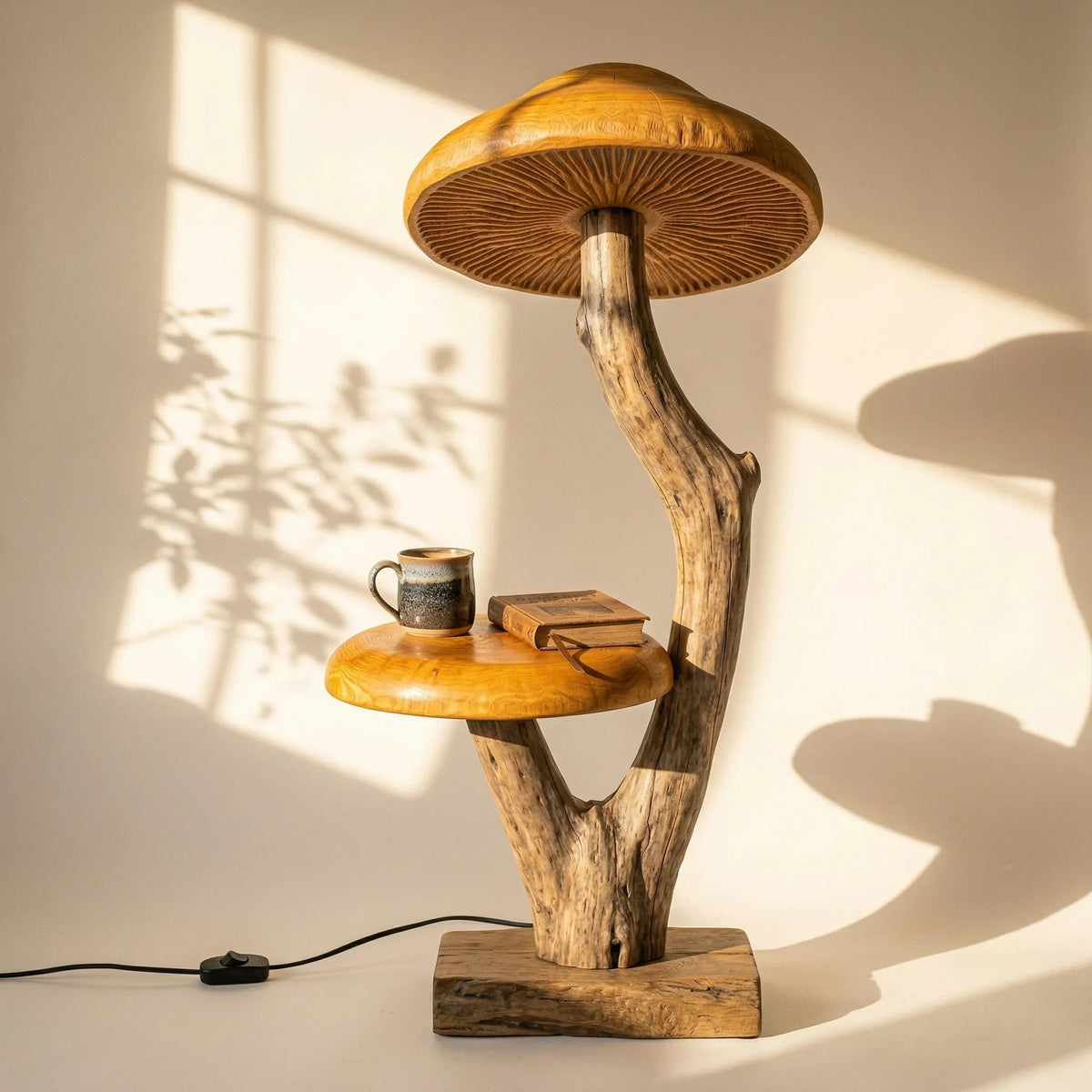 Curved driftwood floor lamp with mushroom-shaped wood shade and shelf, rustic design